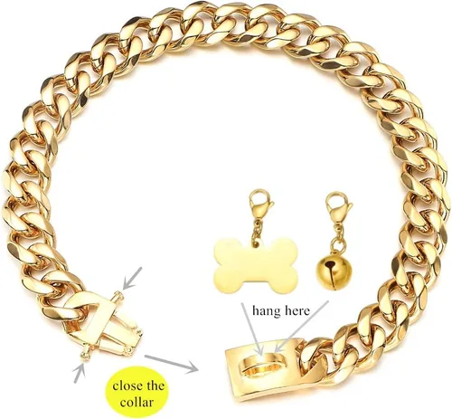 Miniatura 3 de Collar de oro para perro de 18 quilates, cadena de eslabones cubanos de 0.591 in/0.748 in de ancho, a prueba de mordidas, fuerte entrenamiento