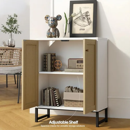 Miniatura 4 de Panana Ratán decorado 2 puertas Gabinete de almacenamiento Gabinete de acento Sala de estar Armario Cocina Aparador Buffet Mesa (blanco)