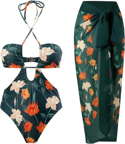 Bikini de una pieza para mujer, estilo bohemio, con estampado vintage, con cordones, con falda estampada