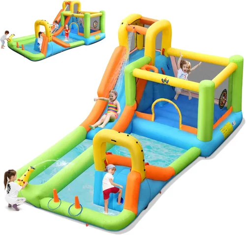 Miniatura 14 de HONEY JOY Tobogán acuático inflable, casa de rebote de agua gigante 8 en 1 y parque acuático con toboganes, escalada, piscina de chapoteo, toboganes