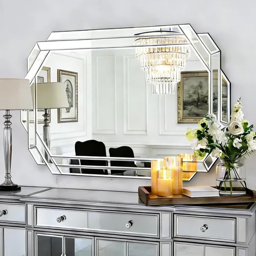Miniatura 10 de Chende Espejo de pared grande de 32 x 32 pulgadas para sala de estar elegante, espejo decorativo moderno con borde biselado de vidrio para pared