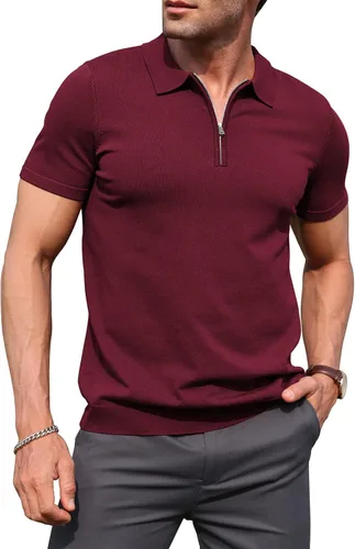 Miniatura 15 de RQP Camisas polo con cremallera para hombre, camisas casuales de punto de manga corta/larga, camisas de golf elásticas ajustadas, suéter suave