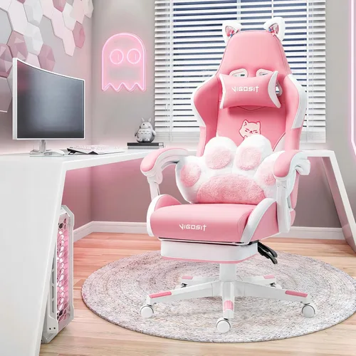 Vigosit Silla de gamer rosa con reposapiés, silla ergonómica y linda para jugadores con orejas de gato, silla cómoda de escritorio y computadora