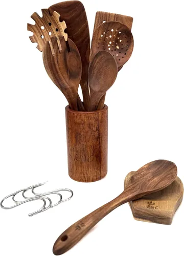 R&C Juego de utensilios de cocina de madera, 9 piezas, herramientas de cocina de teca con soporte y ganchos, antiadherentes, resistentes al calor,