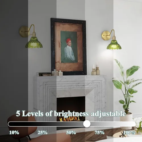 Miniatura 3 de Juego de dos apliques de pared vintage que funcionan con pilas, para interiores, no cableados, de latón y cristal verde, luces de pared RGB