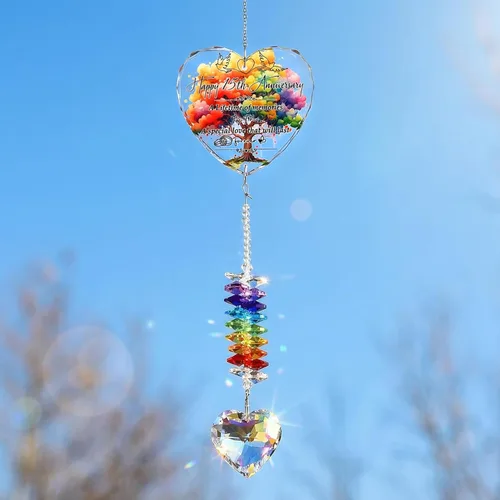 Miniatura 7 de Atrapasoles de 15 aniversario para parejas, esposa, marido, 15 años de matrimonio, decoración colgante de cristal, corazón, arco iris, recuerdo