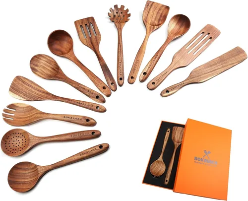 Miniatura 13 de Juego de utensilios de cocina de madera de teca, 7 piezas, utensilios de cocina de madera, incluye espátula