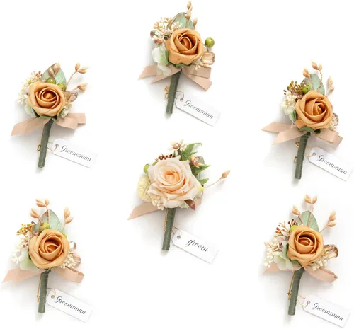 Miniatura 27 de Ling's Moment Boutonniere para Hombres Boda, Juego de 6, Novio y Padrinos Boutonniere para Boda Regreso a Casa Halloween Ceremonia Aniversario, Cena
