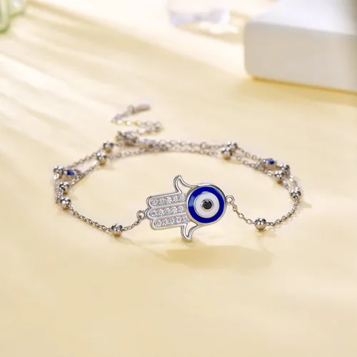 Miniatura 4 de Tobillera de plata de ley 925 ajustable de doble capa de ojo de diablo azul, protección espiritual, pulsera de tobillo de mano de Fátima