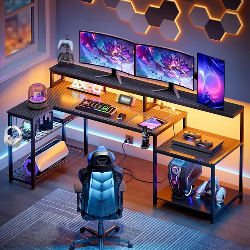 Bestier Escritorio LED para juegos con tomas de corriente, escritorio de computadora en forma de L de 71 pulgadas con soporte para monitor,