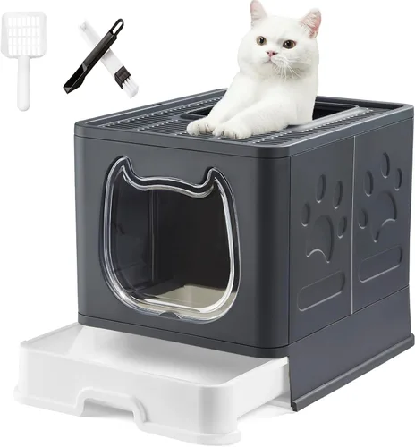 Miniatura 9 de Gefryco Caja de arena plegable para gatos con tapa, caja de arena cubierta para gatos pequeños y medianos, orinal cerrado para gatos con pala
