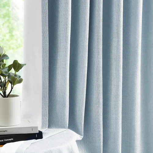 Miniatura 4 de Cortinas azul empolvado completamente opacas con pliegues de pinza, textura de lino, con aislamiento térmico, panel de tratamiento de ventana de 84