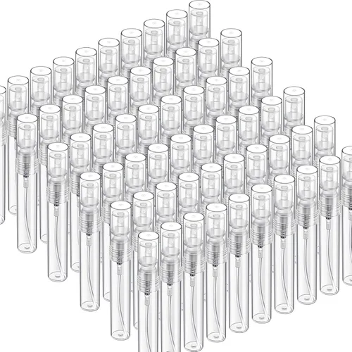 Miniatura 9 de Fandamei Mini botella de spray, 60 botellas de plástico transparente de 2ml (0.068 fl oz) vacías, mini botella de perfume recargable de niebla fina.