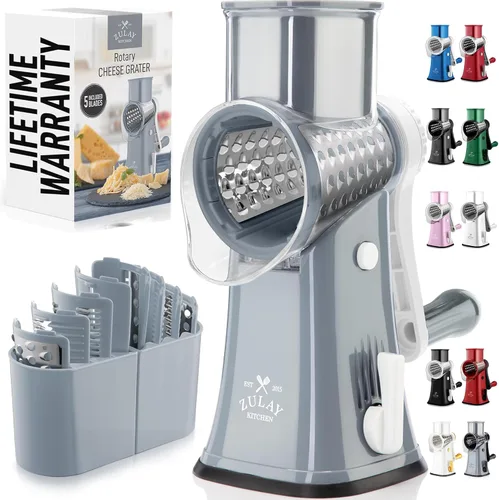 Miniatura 31 de Zulay Kitchen Rallador rotativo de queso de 5 cuchillas, rallador de queso manual de manivela con succión reforzada y 5 tambores intercambiables