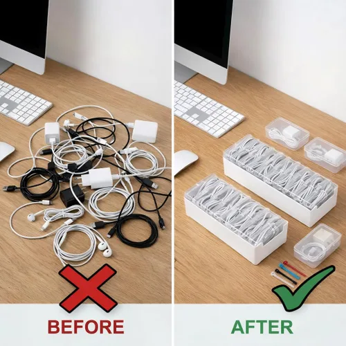 Miniatura 6 de KUGUA - Juego de 2 cajas organizadoras de cables con 7 y 11 fundas transparentes para cables de carga, cargadores, auriculares y accesorios
