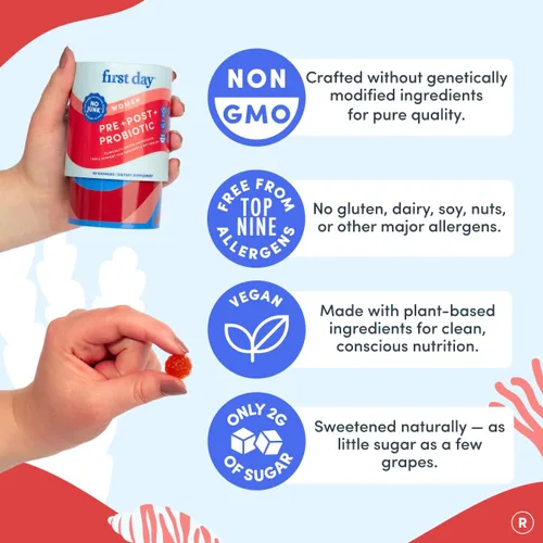 Miniatura 7 de FIRST DAY Gomitas probióticas 3 en 1 para mujer - Prebiótico + probiótico + suplemento postbiótico - Apoya la salud digestiva y oral, función