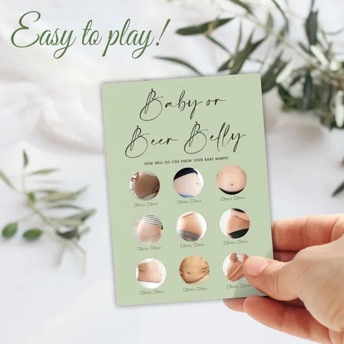Miniatura 3 de 30 tarjetas de juego minimalistas verdes para baby shower con tarjeta de respuesta, juego de vientre de bebé o cerveza, juegos de baby shower
