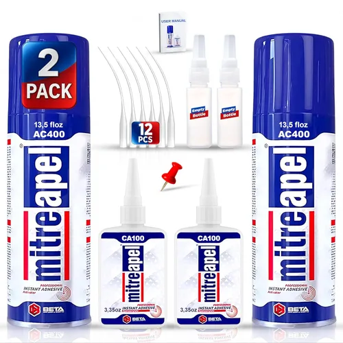 MITREAPEL CA Glue with Activator Kit 2x3.5oz-2x13.5fl oz Instant Bond Adhesivo profesional de cianoacrilato y súper pegamento acelerador para