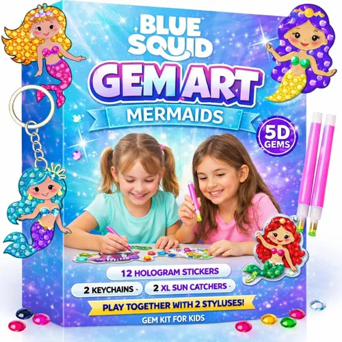 Blue Squid Kits de Arte de Diamante para Niños – Sirena - Juego de Regalo de Arte de Gemas 5D Divertido y Fácil para Llaveros, Adhesivos,