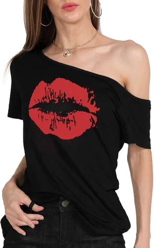Miniatura 54 de MAGICMK - Camiseta casual para mujer, con estampado de labios y hombro descubierto, talla extragrande