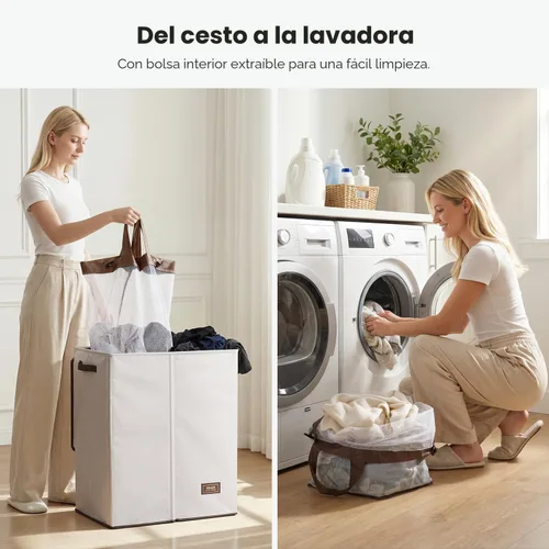 Miniatura 5 de SOLEDI Cesta de lavandería de lujo doble con tapa y bolsas removibles, cesta grande para lavandería, cesta de lavandería de 2 secciones, cesta