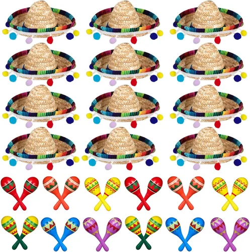 Miniatura 7 de Honoson 12 piezas de maracas de madera para fiesta, 6 mini sombreros de Cinco de Mayo, sombrero mexicano de copa para decoración de fiesta