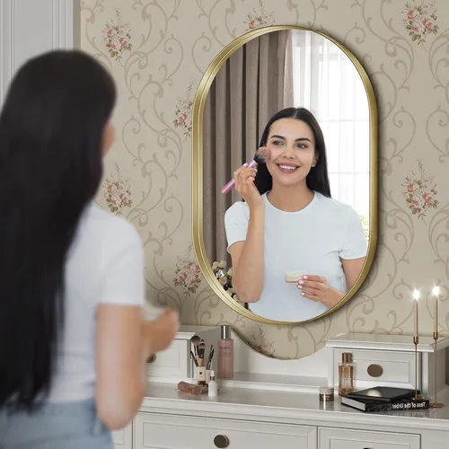 Miniatura 3 de Brightify - Espejo ovalado dorado para tocador de baño de 20x30 pulgadas, espejos de marco de metal dorado para pared, espejo moderno
