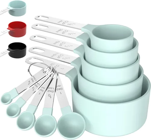 Juego de tazas y cucharas medidoras TILUCK, tazas y cucharas apilables, tazas medidoras anidables con mango de acero inoxidable, accesorios de Verde