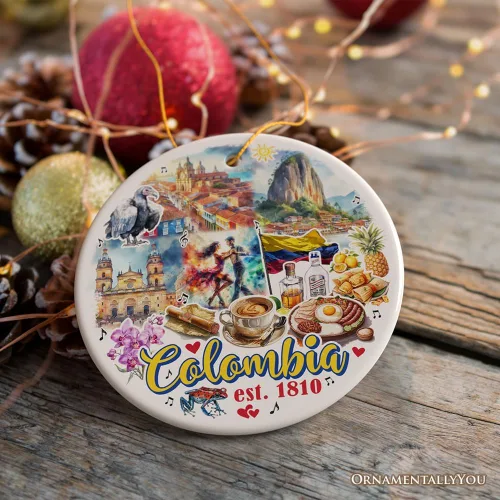 Miniatura 4 de Colorido adorno navideño de cultura y monumentos de Colombia, regalo del patrimonio latinoamericano y recuerdo de Bogotá (círculo - versión 2)