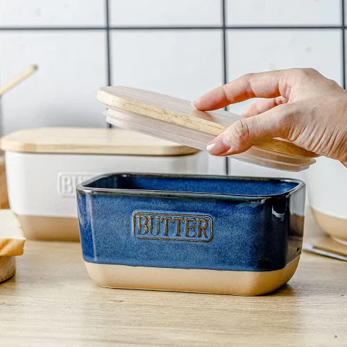 Miniatura 5 de HVH Mantequillera de cerámica con tapa para encimera, hermético con tapa de madera, platos de mantequilla con tapas, recipiente de mantequilla