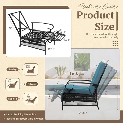 Miniatura 3 de Oakcloud Sillón Ajustable para Exteriores Silla Reclinable Relajante de Metal para Patio con Cojines Extraíbles (Azul Pavo Real)