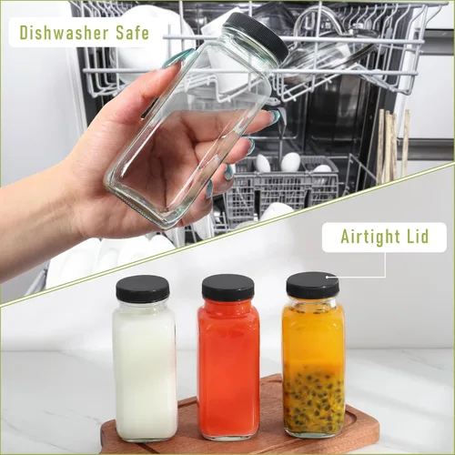 Miniatura 5 de Botellas de vidrio para jugo de 8 onzas con tapas, paquete de 6, botella de agua reutilizable, botellas de jugo para batidos, leche, almacenamiento