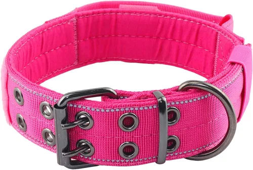 Collar reflectante para perro táctico resistente con mango de control y hebilla de metal para entrenamiento de perros (M, rosa)