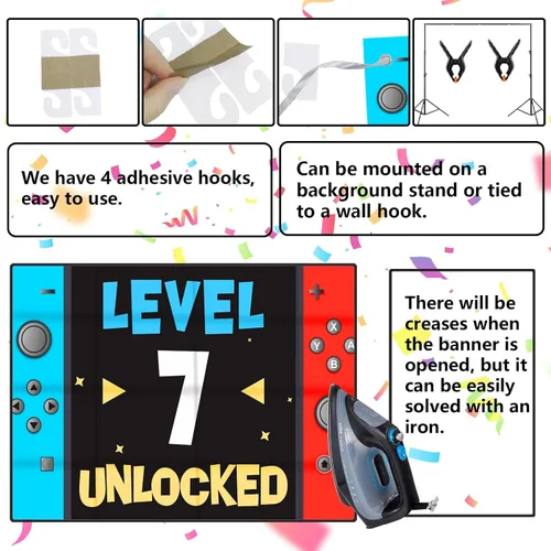 Miniatura 5 de Level 7th Unlocked Happy 7th Birthday Level Up Banner de fondo para cabina de fotos, accesorios de videojuego, decoración temática juvenil