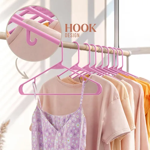 Miniatura 5 de Perchas de plástico para ropa, paquete de 20 unidades, ganchos de plástico color rosa, son la percha perfecta para colgar abrigos y ahorrar espacio