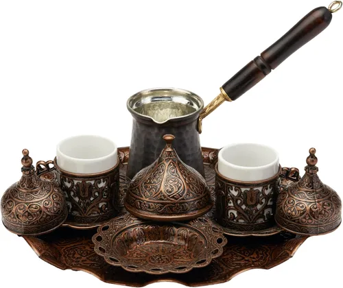 Miniatura 9 de Juego completo de preparación y servicio de café turco, griego y árabe DEMMEX con tazas, platillos, tapas, azucarero, bandeja y cafetera de cobre