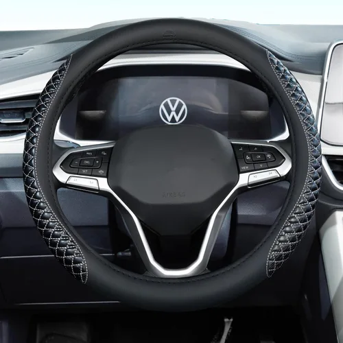 Miniatura 11 de Coverado Funda para volante de automóvil, fundas para volante de cuero napa negro, universal de 14-15 pulgadas, antideslizante, protector de volante