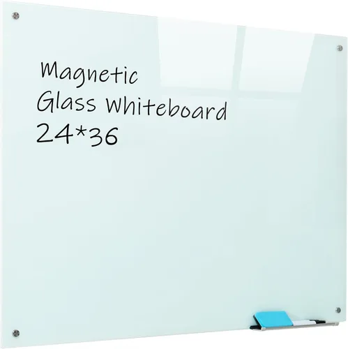 Pizarra blanca magnética de cristal, 24 x 36 pulgadas, sin marco, pizarra blanca de borrado en seco, superficie montada en la pared para oficina,