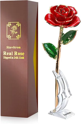 Sinvitron Rosa Infinita Bañada en Oro - Rosa Eternamente Preservada en Resina | Flor Eterna para Decoración de Cumpleaños, Día de la Madre, Rojo