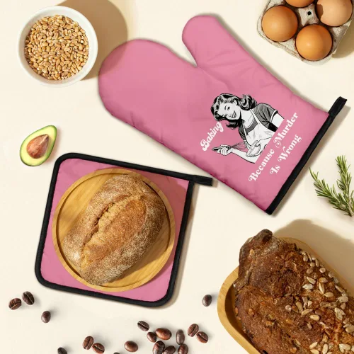 Miniatura 5 de Baking Because Murder is Wrong - Divertidos guantes de horno y soportes para ollas, divertidos guantes de cocina retro para decoración de cocina