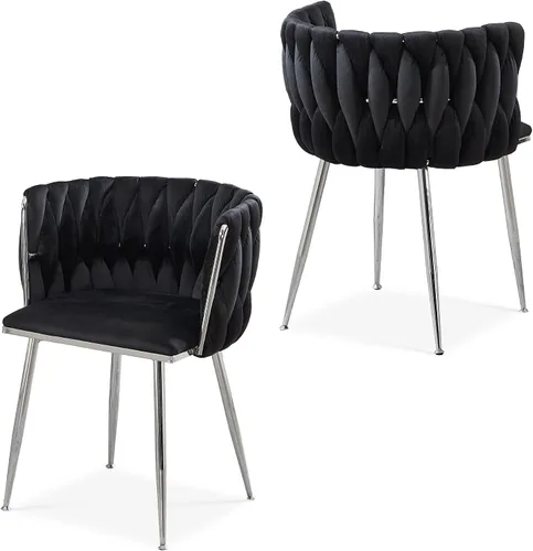 Juego de 2 sillas de comedor de terciopelo, sillas laterales tapizadas tejidas con patas de metal plateado, Sillas de Comedor 2, sillas decorativas