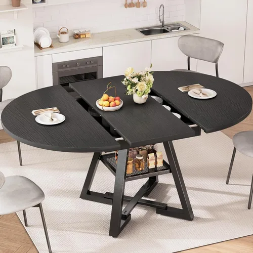 Mesa de comedor redonda extensible de 43 a 57 pulgadas para 4-6, moderna mesa de comedor ovalada de cocina industrial con hojas extraíbles, base de