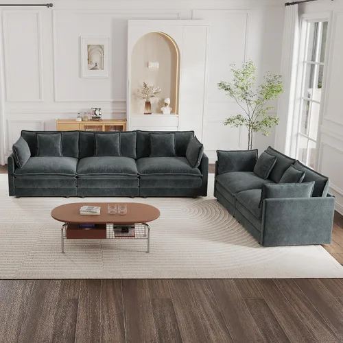 Miniatura 11 de mikibama Juego de sofá biplaza y sillón de lujo de 2 piezas, moderno juego de sofás nube tapizados de chenilla con 5 almohadas para sala de estar