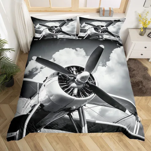 Erosebridal Juego de ropa de cama con diseño de avión tamaño individual para niños y niñas, funda de edredón aeroespacial de aviación, gris y gris,