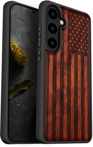 Miniatura 13 de Carveit Funda de madera para Galaxy S24 - Madera natural y TPU negro suave, cubierta protectora a prueba de golpes, diseño de madera único Bandera