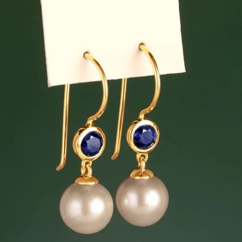 Miniatura 3 de Peora Aretes colgantes de oro amarillo de 14 quilates, perlas blancas cultivadas en agua dulce de 0.315 in y zafiro azul creado para mujer, piedra