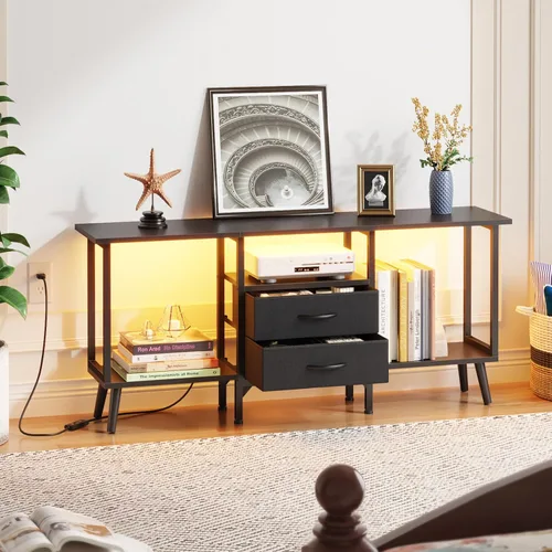Miniatura 6 de GYIIYUO Soporte de TV pequeño con cajones de tela/luz LED para TV de 55 pulgadas, centro de entretenimiento con estantes abiertos de almacenamiento