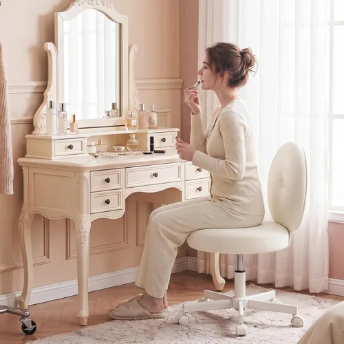 Miniatura 3 de Furniliving Silla de escritorio redonda sin brazos, pequeña silla tapizada de terciopelo con ruedas, silla de tarea ajustable giratoria con ruedas