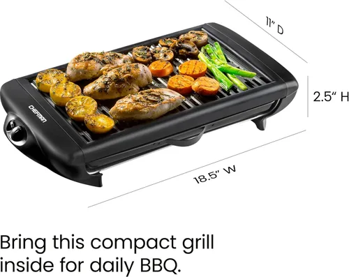 Miniatura 9 de Chefman Parrilla eléctrica para interiores sin humo con superficie de cocción antiadherente y perilla de temperatura ajustable de cálido a abrasador