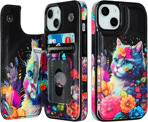Miniatura 23 de HAOPINSH Funda tipo cartera para iPhone 14 con portarjetas, diseño de girasoles de bandera americana, tapa trasera abatible, folio, piel sintética